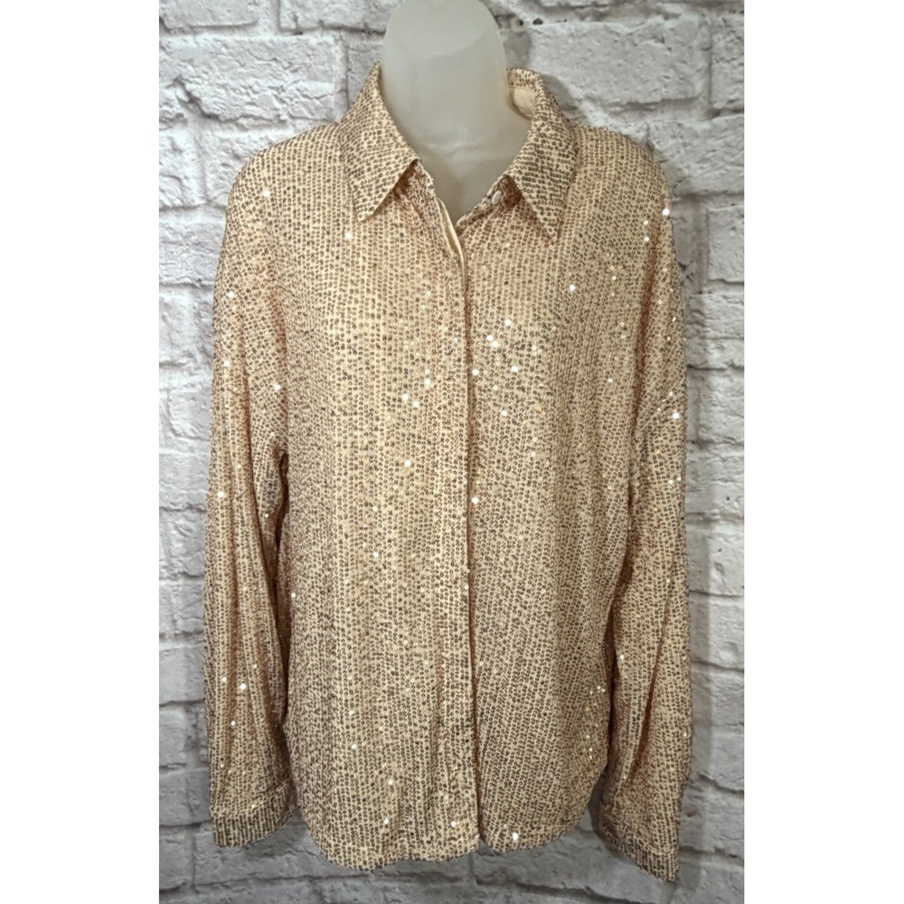 Long Tall Sally Size 10 Rose Gold‎ Sequins Long Sleeve Blouse Dressy Shirt Top
